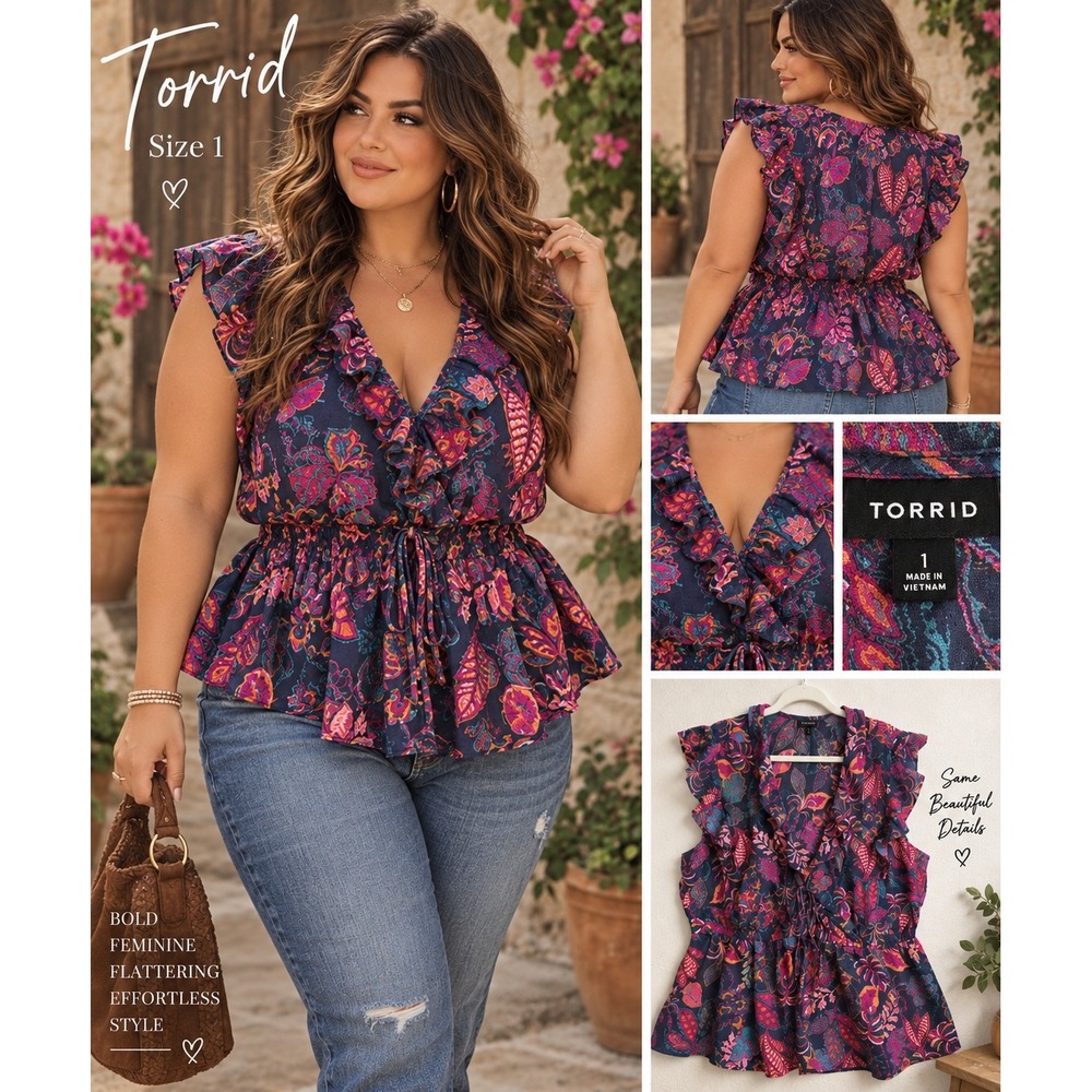 Torrid Navy Floral Ruffle Peplum Blouse Sleeveless V-Neck Smocked Waist Top 1 1X